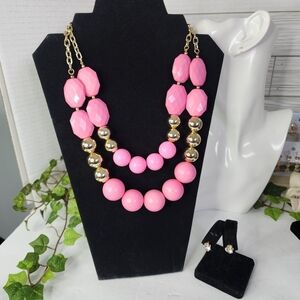 Pink and Gold Acrylic Double Strand Necklace Earrings Set